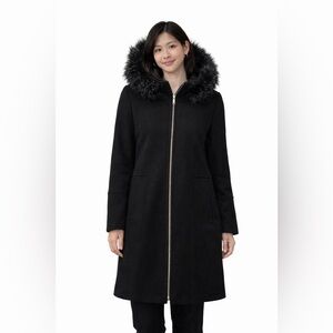 London Fog Black Wool Blend Coat with Faux Fur Hood. Like new! Worn once.